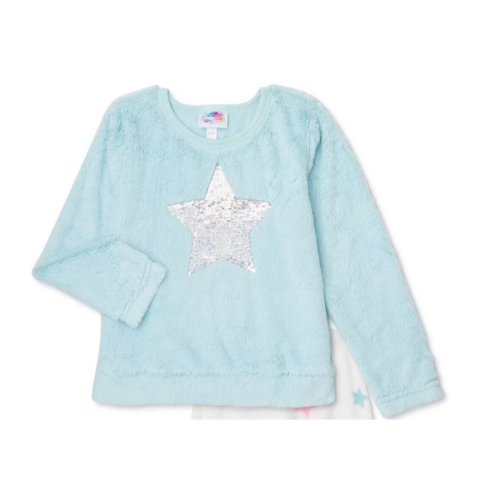 BMagical Girls Long Sleeve Fluffy‎ Crew Neck Sequin Star Lounge Top Aqua Size 6